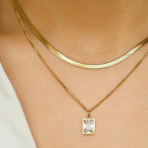 Herringbone Rectangle Zirconia Necklace Set | Gold Plated Stainless Steel - Picture 4 of 4